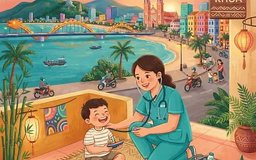A warm, bright illustration of a diverse family walking along a palm-lined street in Da Nang, with a welcoming medical clinic sign visible in the background under a blue sky.