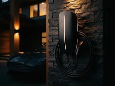 Matte black EV charger on a stone garage wall