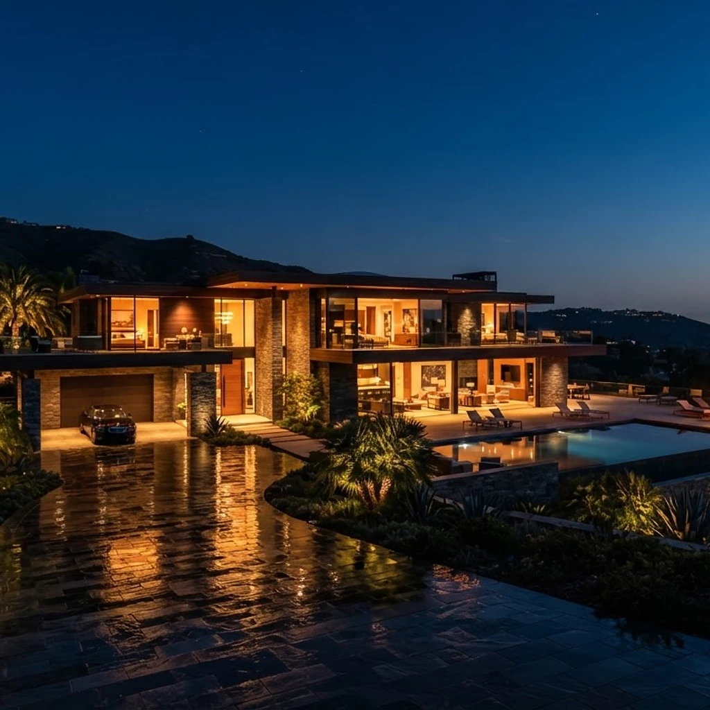 Luxury estate at dusk with calibrated lighting