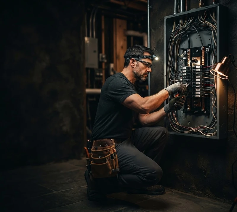 Master electrician working on a 200-amp electrical panel