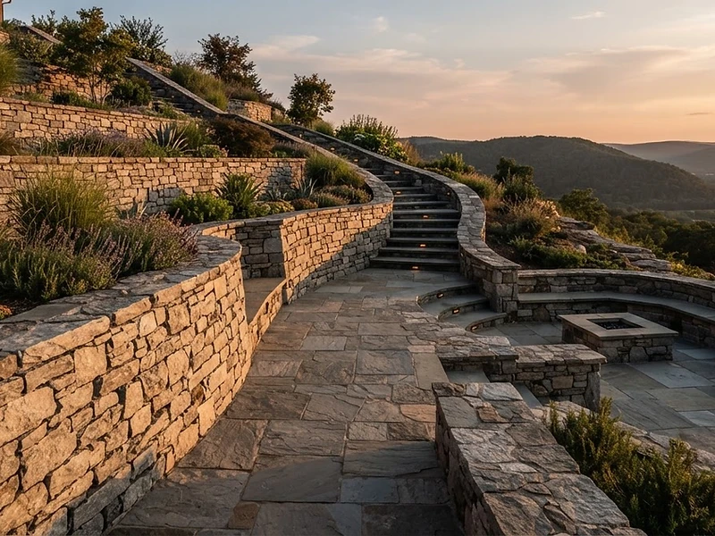 Finished Porcayo hardscaping patio integrated into a hillside at golden hour