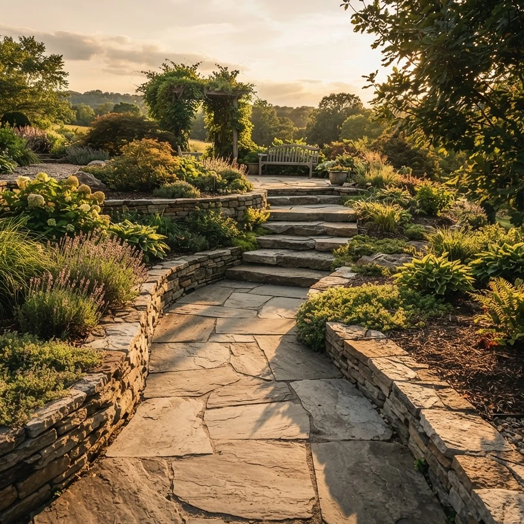 Stone walkway leading through a landscaped yard