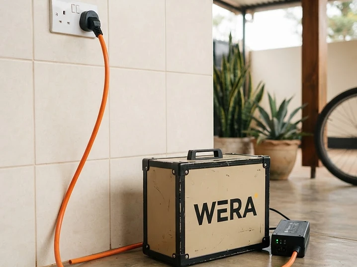 A Wera LFP battery charging at home on off-peak power