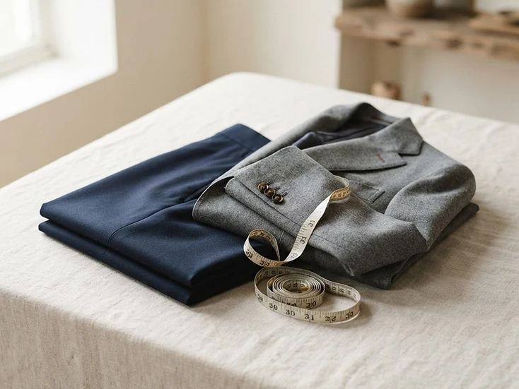 Šití na míru Made to Measure Složené kalhoty a sako s metrem — příprava oděvu Made to Measure v ateliéru CADORE