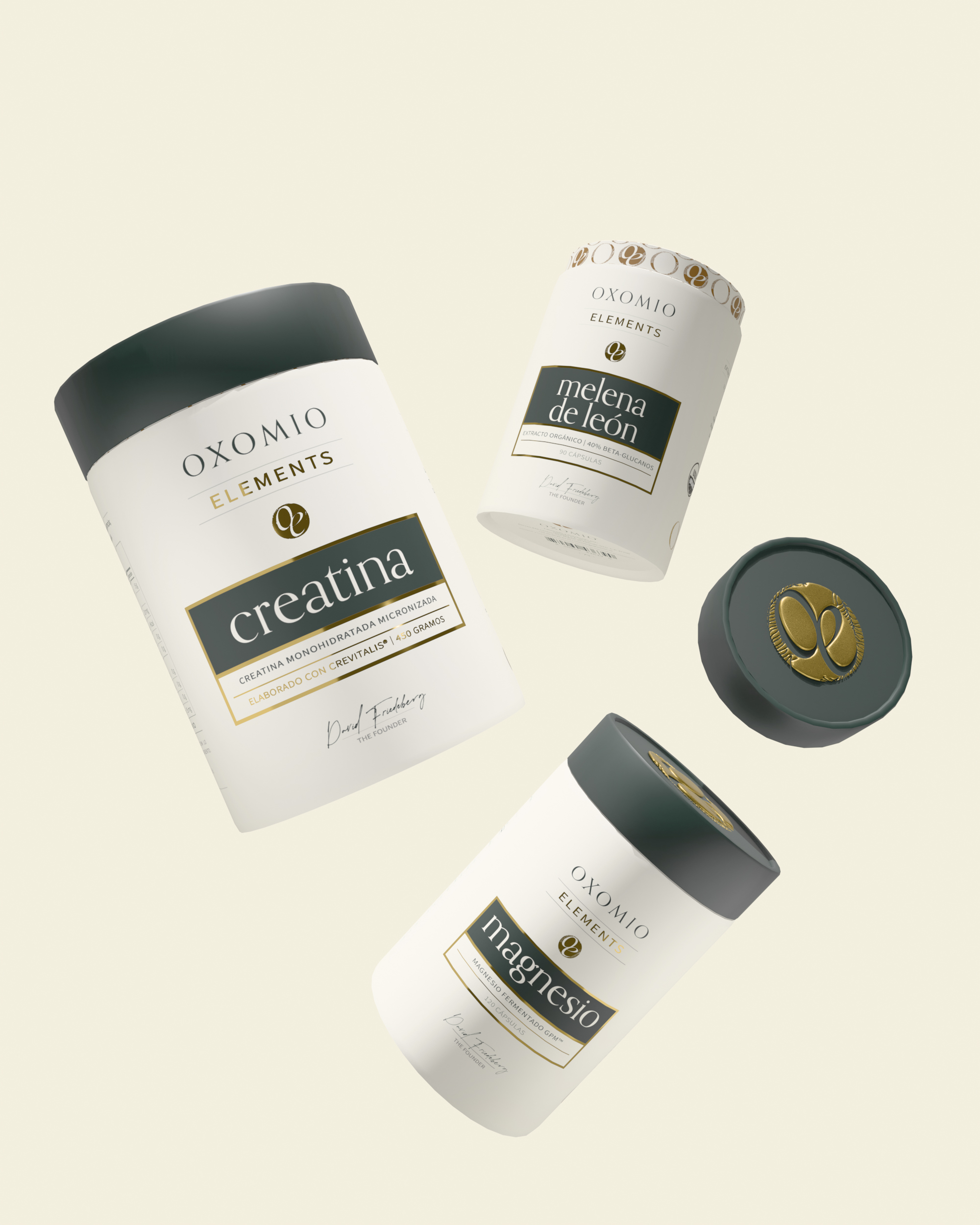 OXOMIO Elements packaging system with Creatina, Magnesio, and Melena de León products