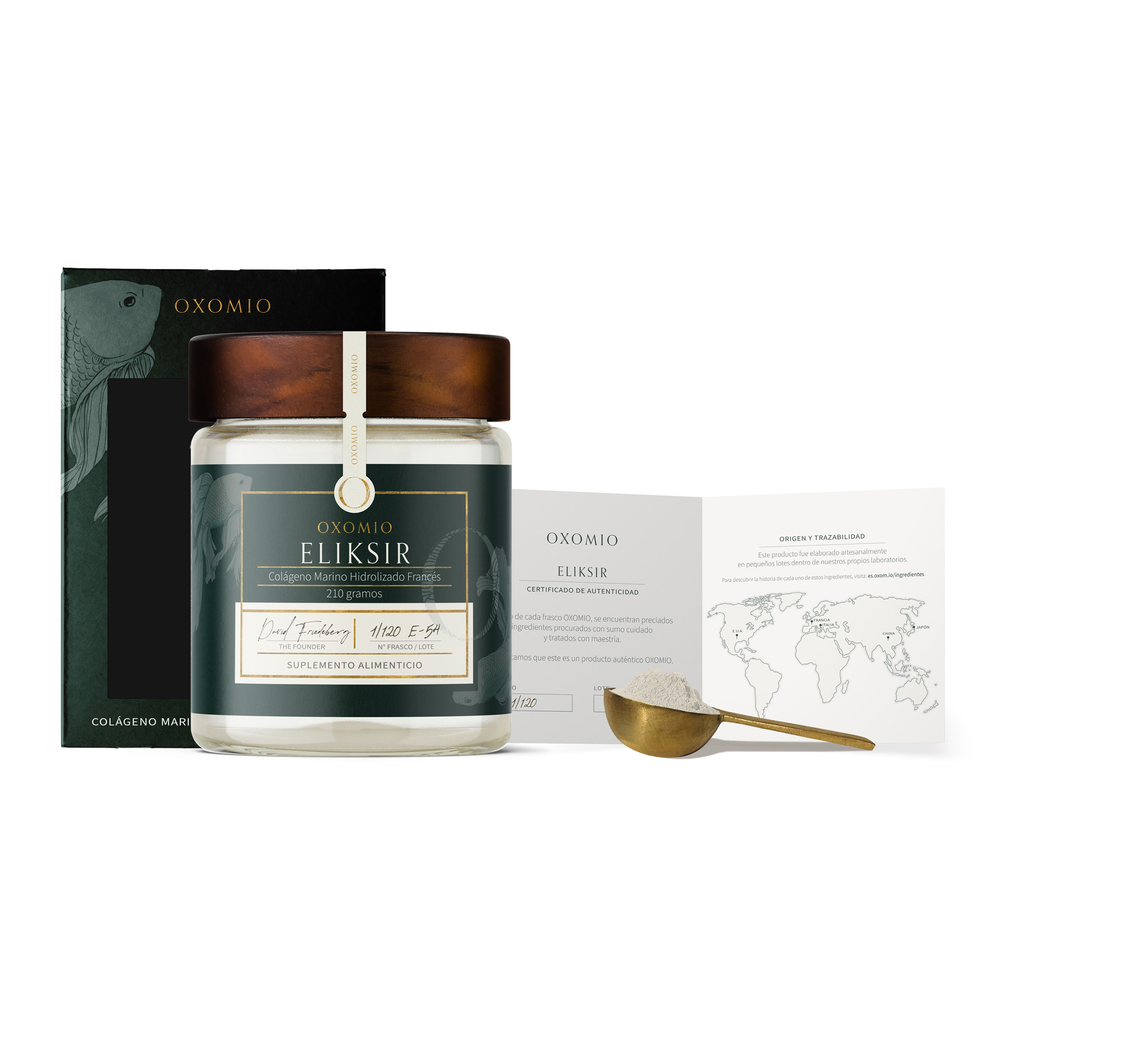 OXOMIO Eliksir packaging with product carton, certificate card, and scoop