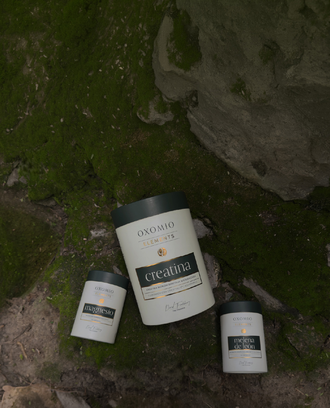 OXOMIO Elements products photographed on moss and stone