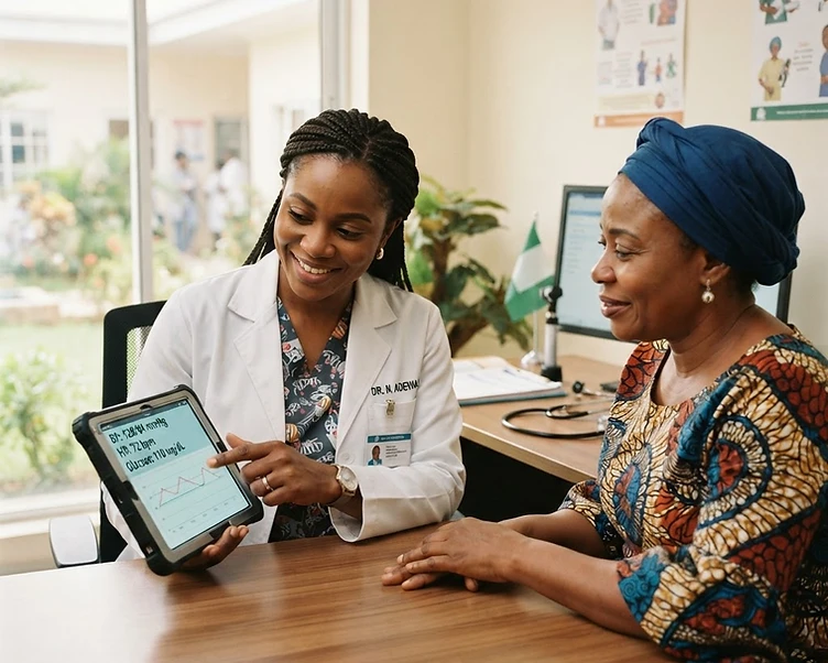 Nigerian doctor reviewing chronic care health data with patient