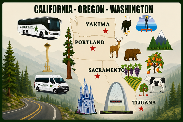 Estrella Travel — rutas de California, Oregón, Washington y Tijuana