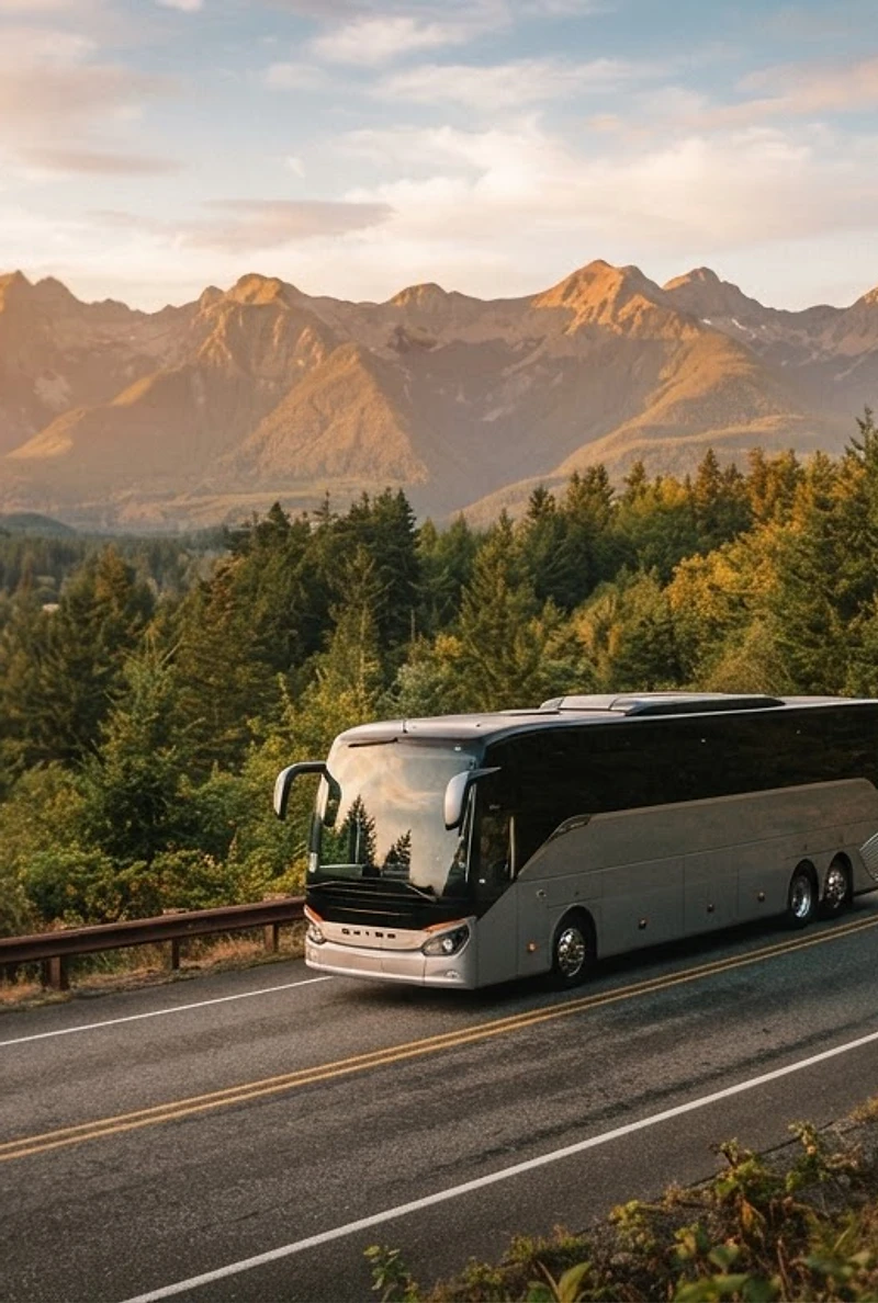Estrella Travel coach on a Pacific Northwest highway at golden hour