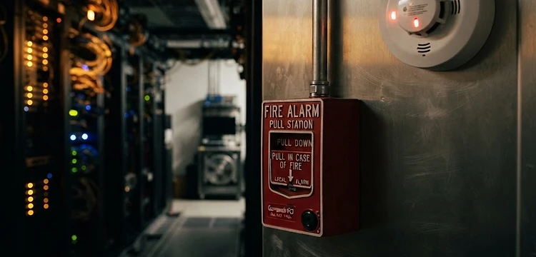 Industrial fire alarm pull station and smoke detector in a data center corridor