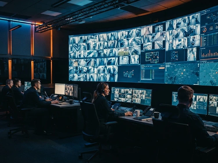 Security operations center with surveillance feeds and access control