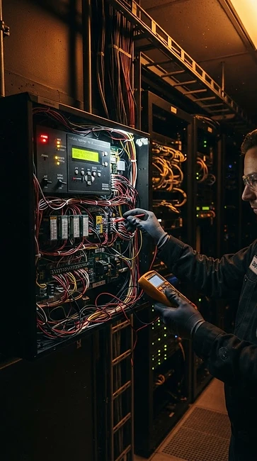 Fire alarm control panel with indicator lights in a server room