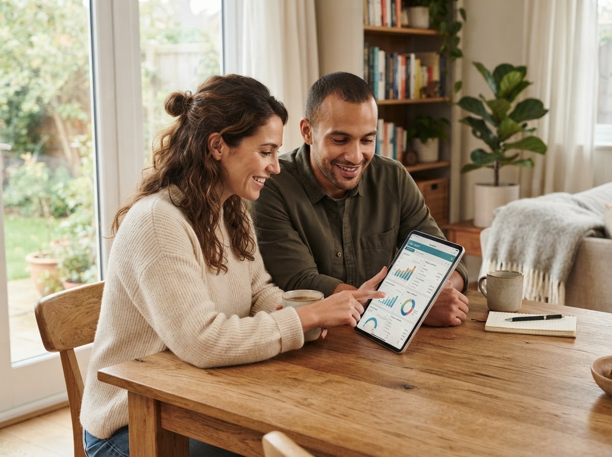 A couple reviewing finances on a tablet