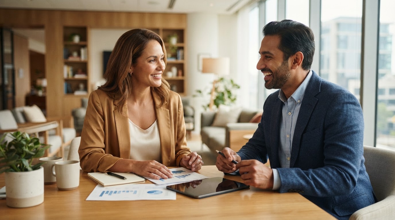 Advisor speaking with a client at a bright desk