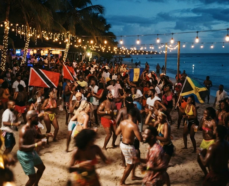 Crowd dancing to soca at a Caribbean beach party at dusk