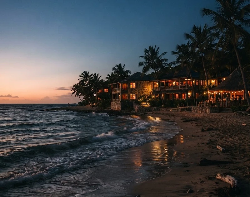 St. Kitts oceanfront glowing amber at dusk