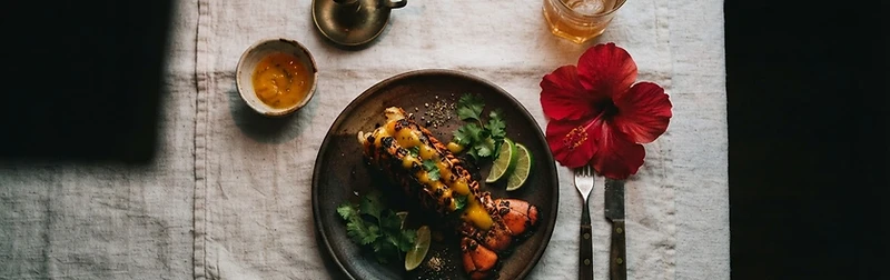 Caribbean dinner table flat lay with hibiscus