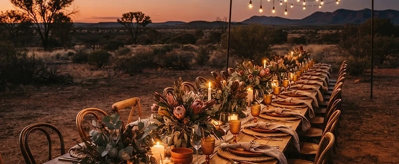 Long dinner table under string lights in the Australian outback at dusk