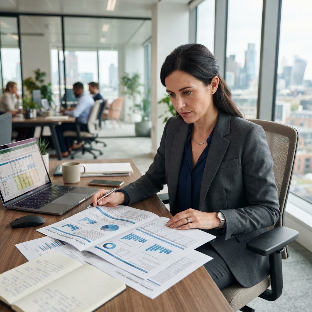 Gestor analisando um relatório empresarial