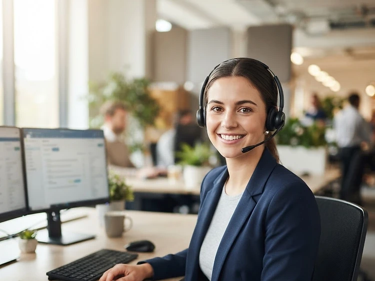 Atendente de suporte sorrindo com headset