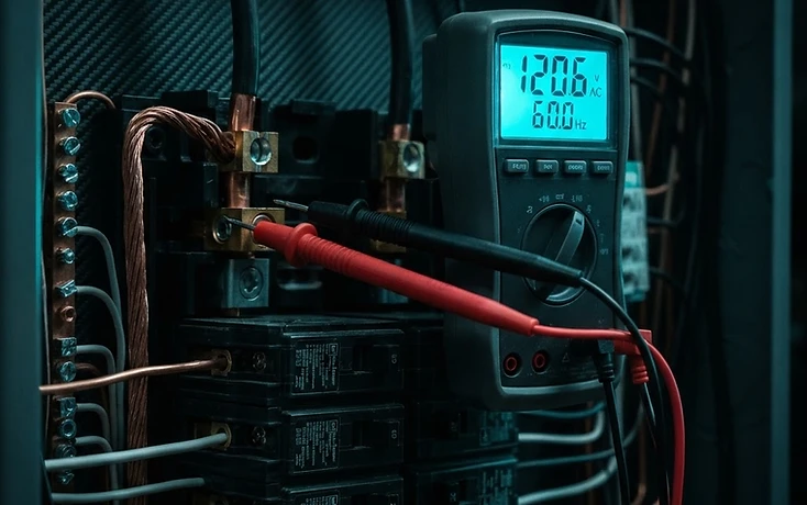Professional multimeter testing a modern electrical breaker panel