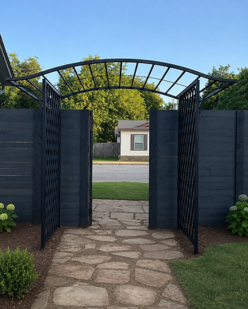 Custom black metal garden arbor with curved overhead trellis and diamond-lattice side panels