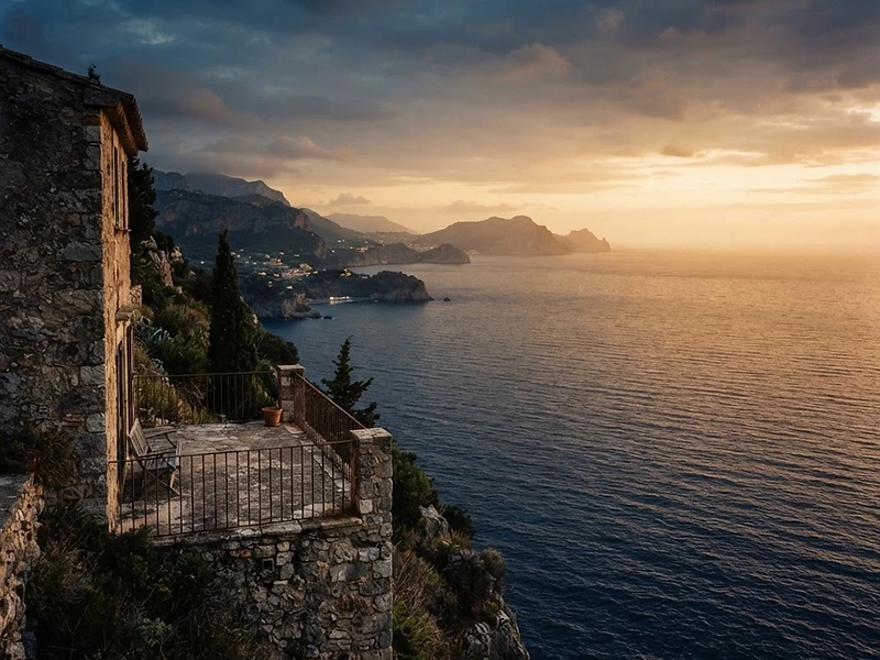 A Mediterranean coastline at golden hour, seen from a quiet stone balcony