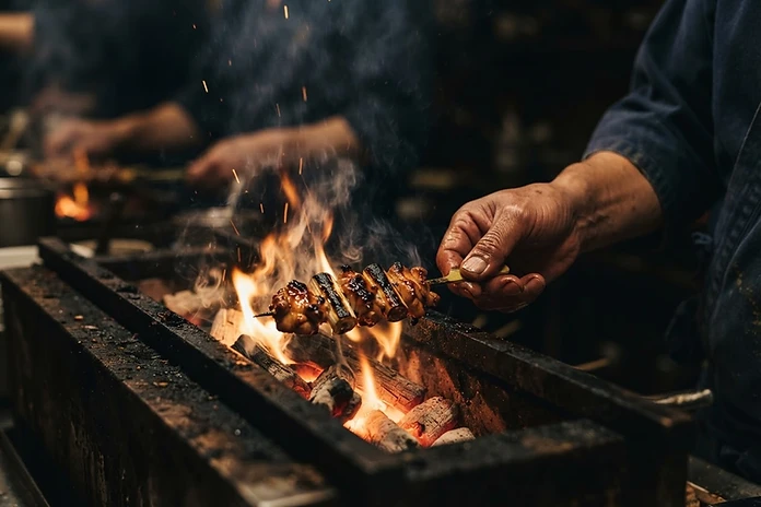 Chef grilling skewers over charcoal