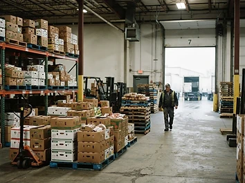 Candid documentary view inside a working Food Focus distribution warehouse with pallets of fresh produce near the loading dock