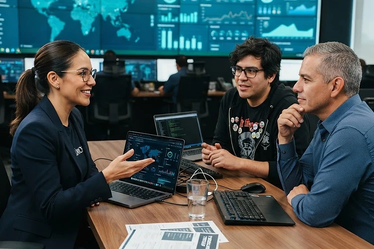 Ingenieros de ciberseguridad conversando con un CISO dentro de un SOC