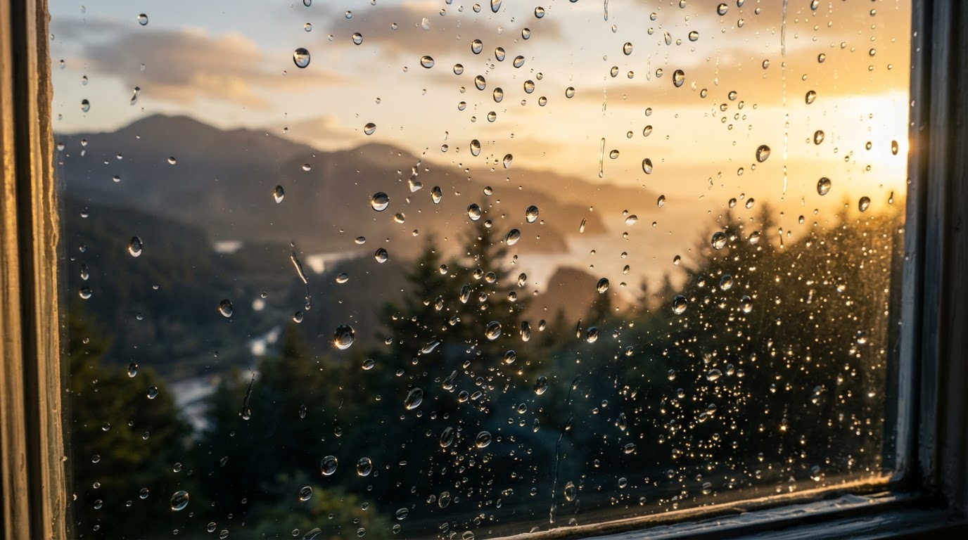 Raindrops on a clean window with sun-drenched Oregon landscape behind