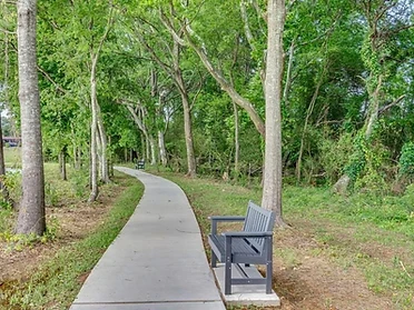 Concrete walking trail winding through trees around the pond
