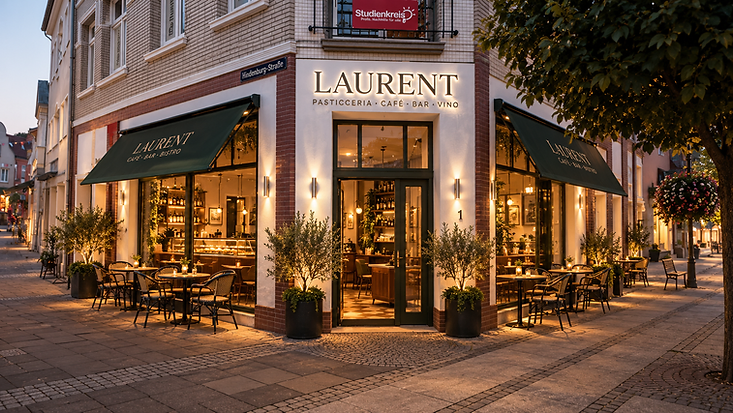 Entwurf der Café Bar Laurent – Schaufenster am Marktplatz in der Dämmerung