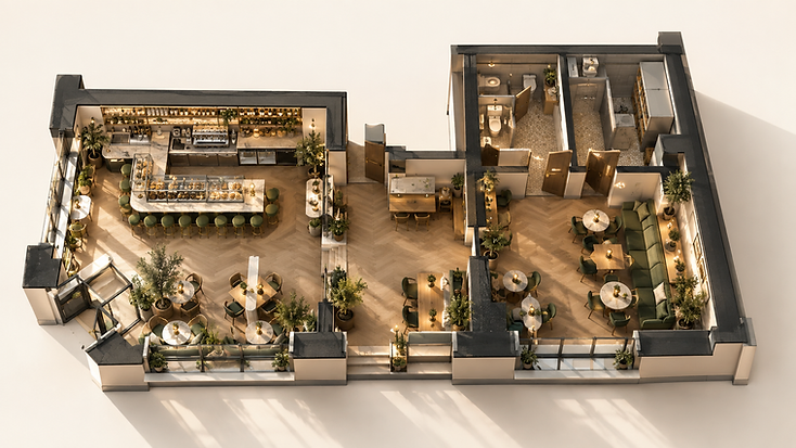 Entwurf des Café Bar Laurent Innenraums – isometrische Grundrissdarstellung
