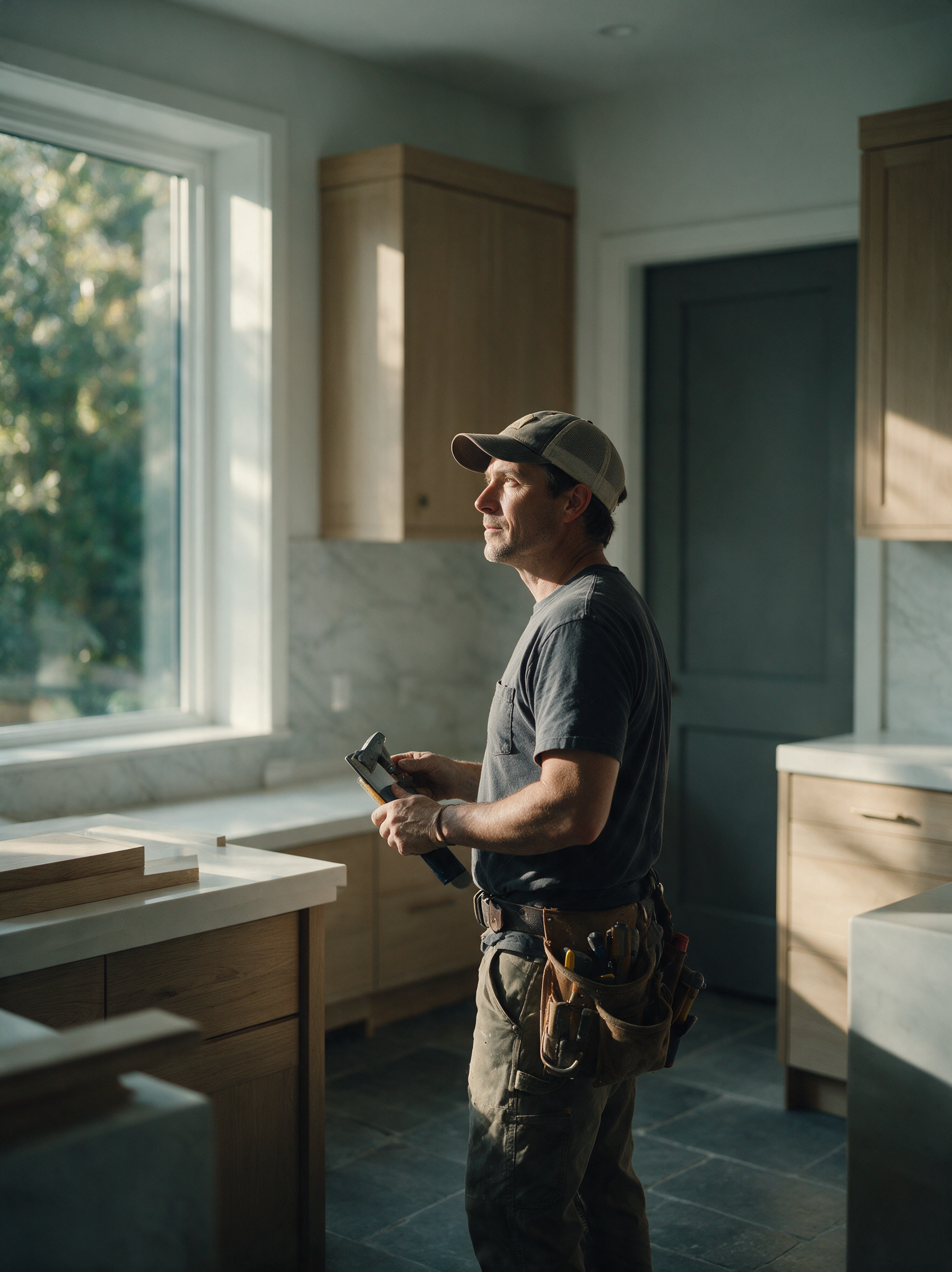 A tradesperson pausing in a finished interior, looking toward the window light.