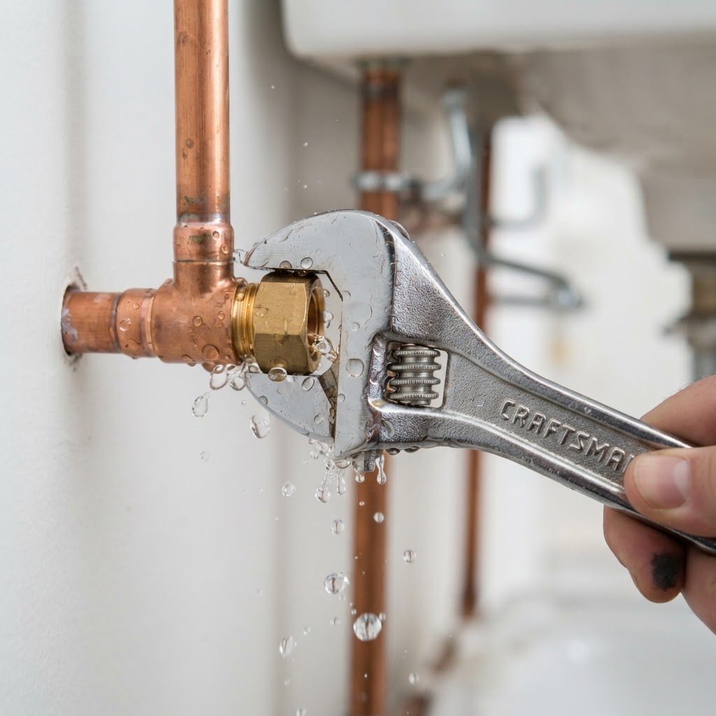 Chrome wrench tightening a pristine copper pipe joint