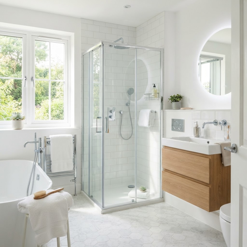 Modern sun-drenched bathroom after a professional repair