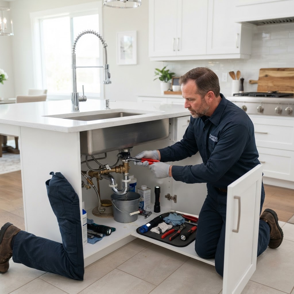 Plumber repairing a modern kitchen sink with chrome faucet