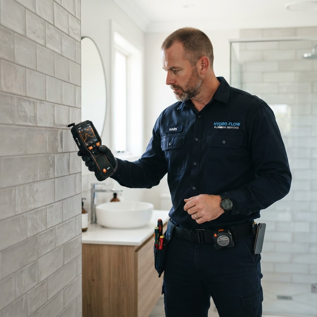 Engineer using a leak detection device on a wall