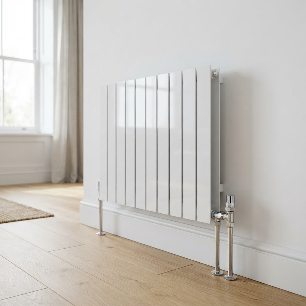 Newly installed modern radiator and chrome valves