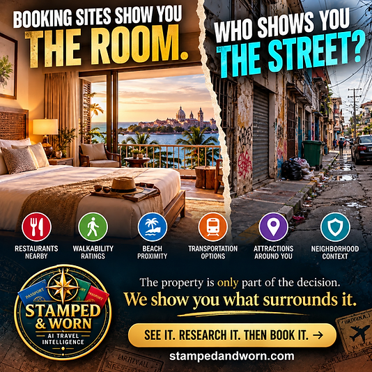 Stamped & Worn marketing graphic contrasting a hotel room with the street outside, alongside the area research categories covered: restaurants nearby, walkability, beach proximity, transportation options, attractions and neighborhood context.
