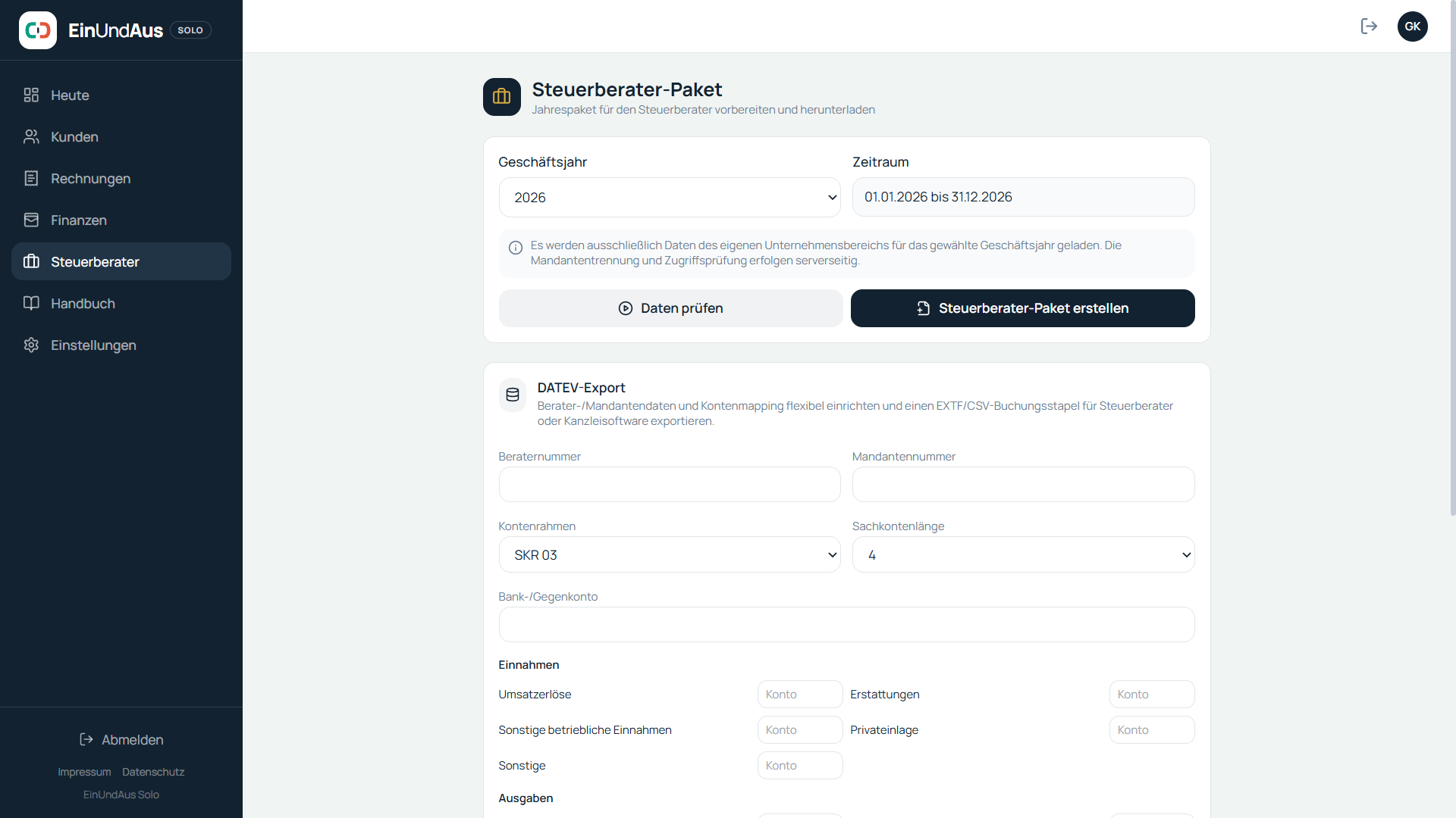EinUndAus Solo Steuerberater-Paket und DATEV-Export in der echten Anwendung