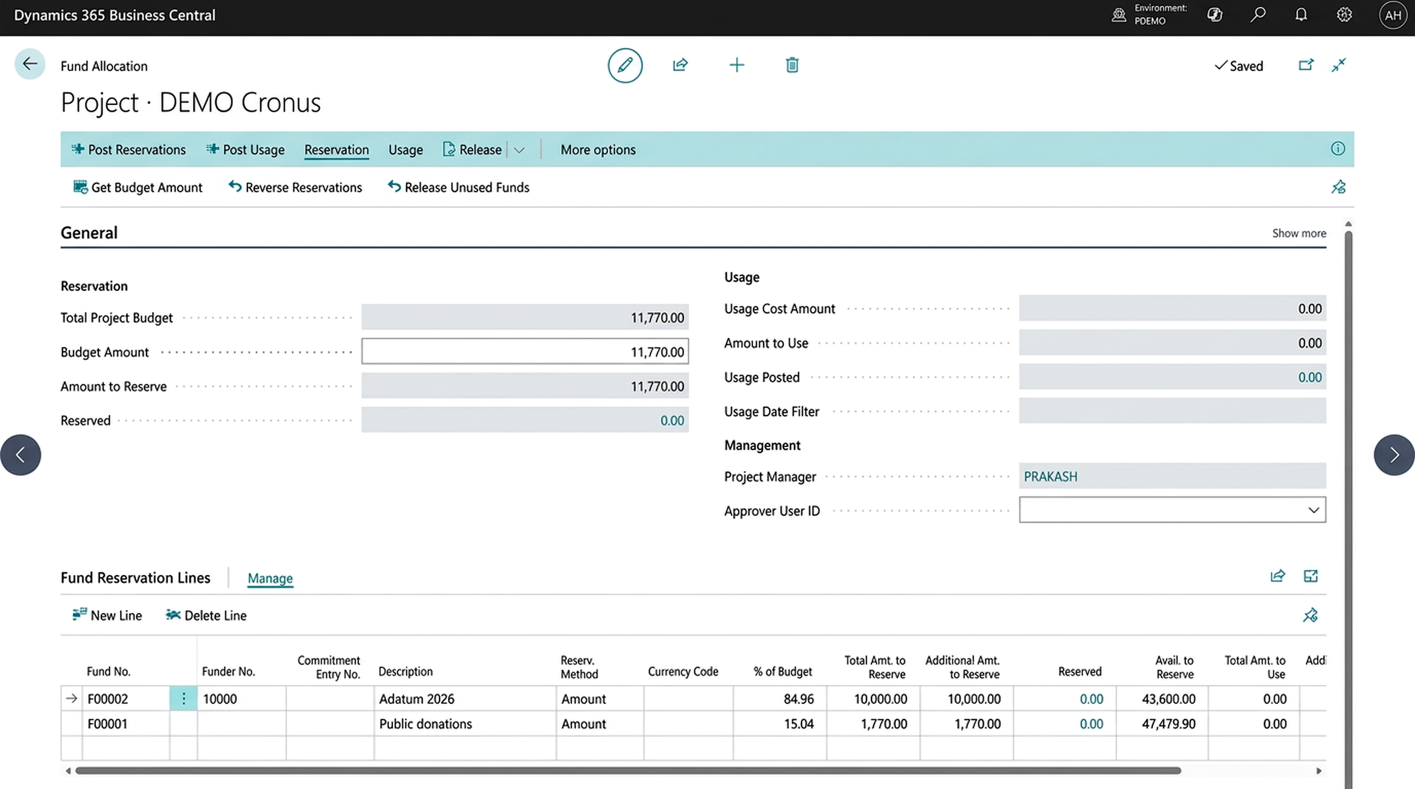 Business Central fund allocation screen showing project budget, reservations and available funding