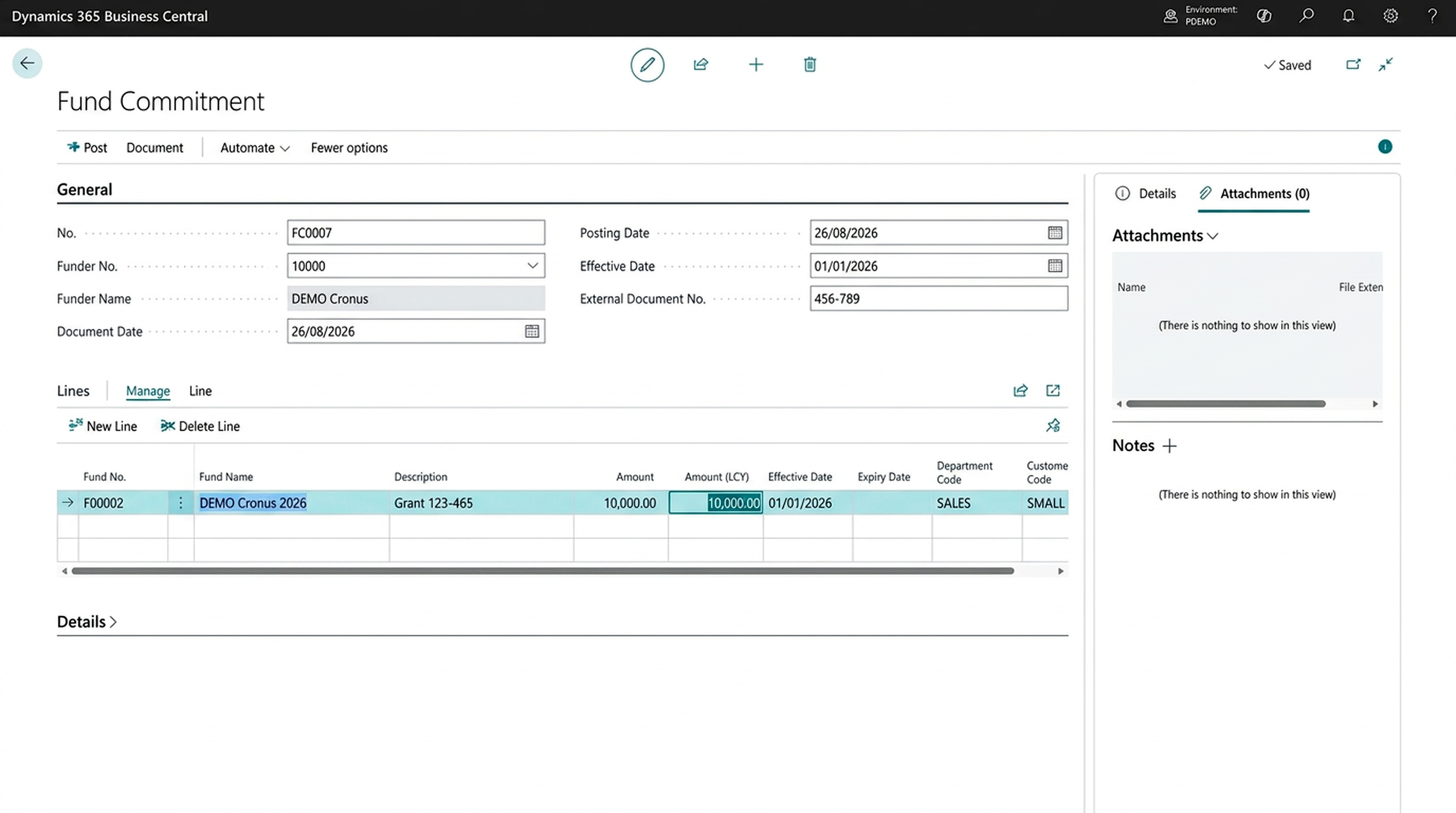 Business Central fund commitment screen showing funder details and commitment lines