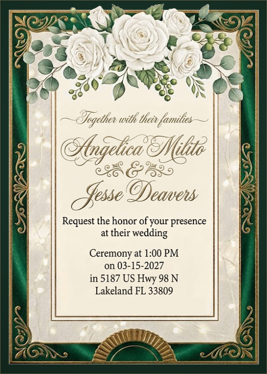 Wedding invitation for Angelica Milito and Jesse Deavers, March 15, 2027