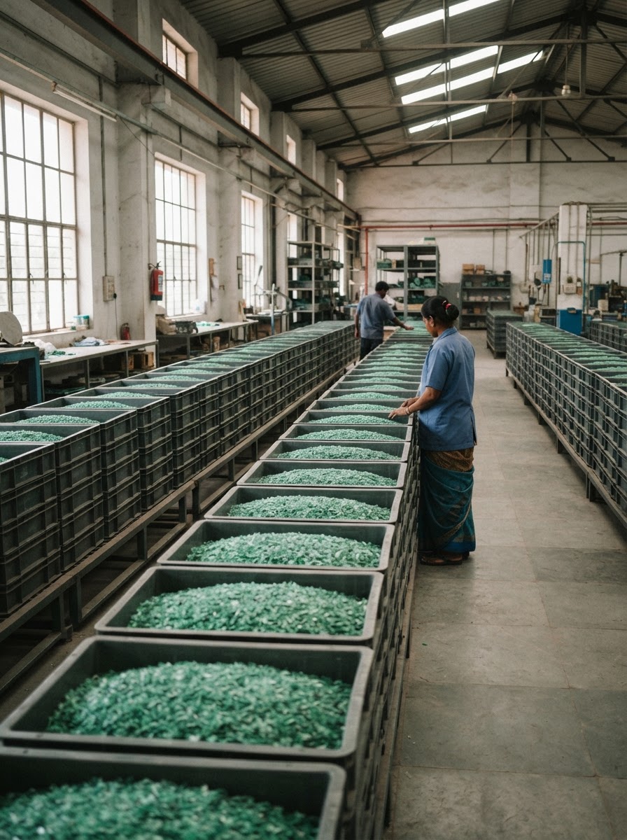 Sorted recycled plastic flakes in trays at an Indian factory