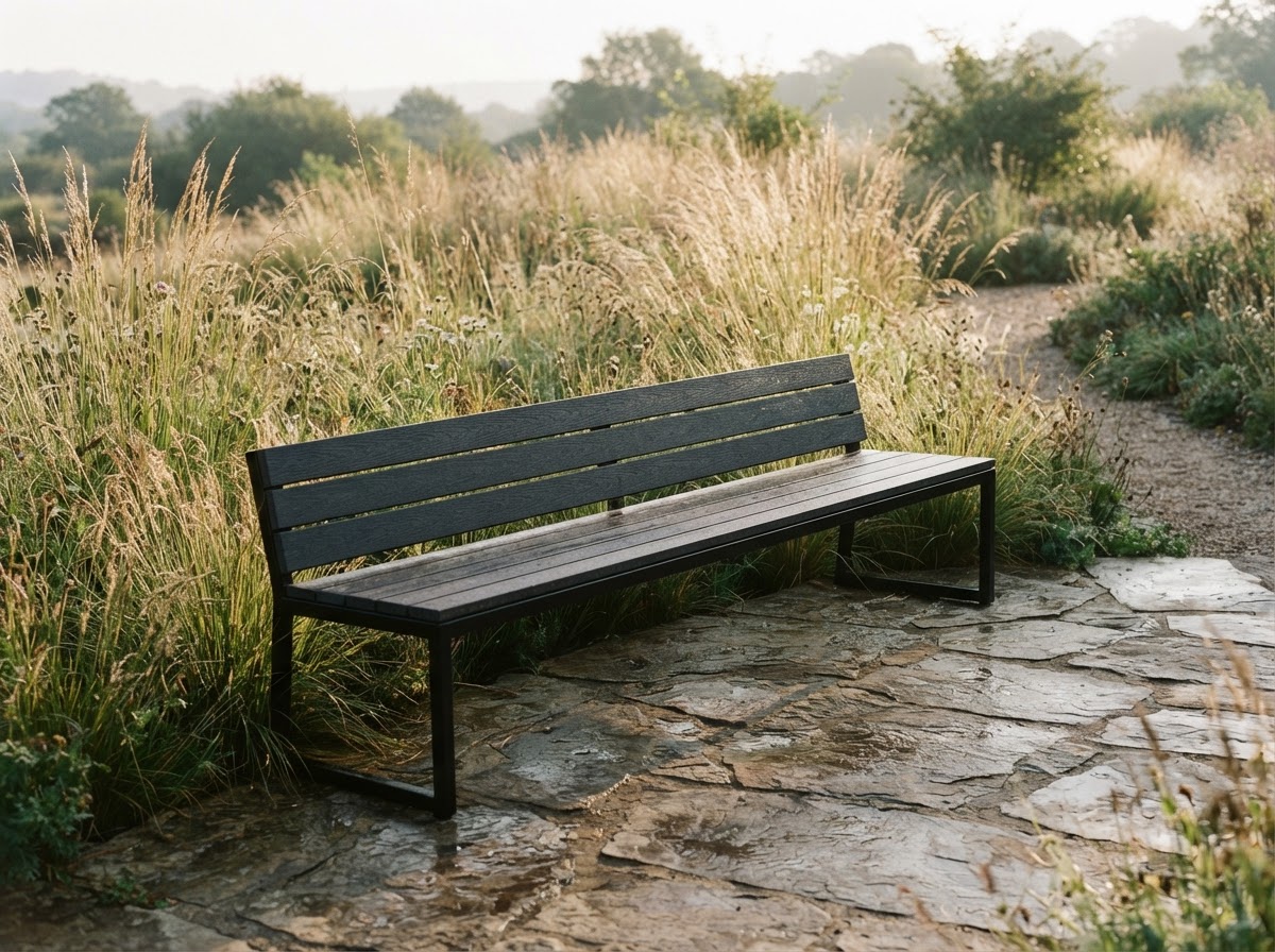 Bench on a private stone terrace with tall grasses