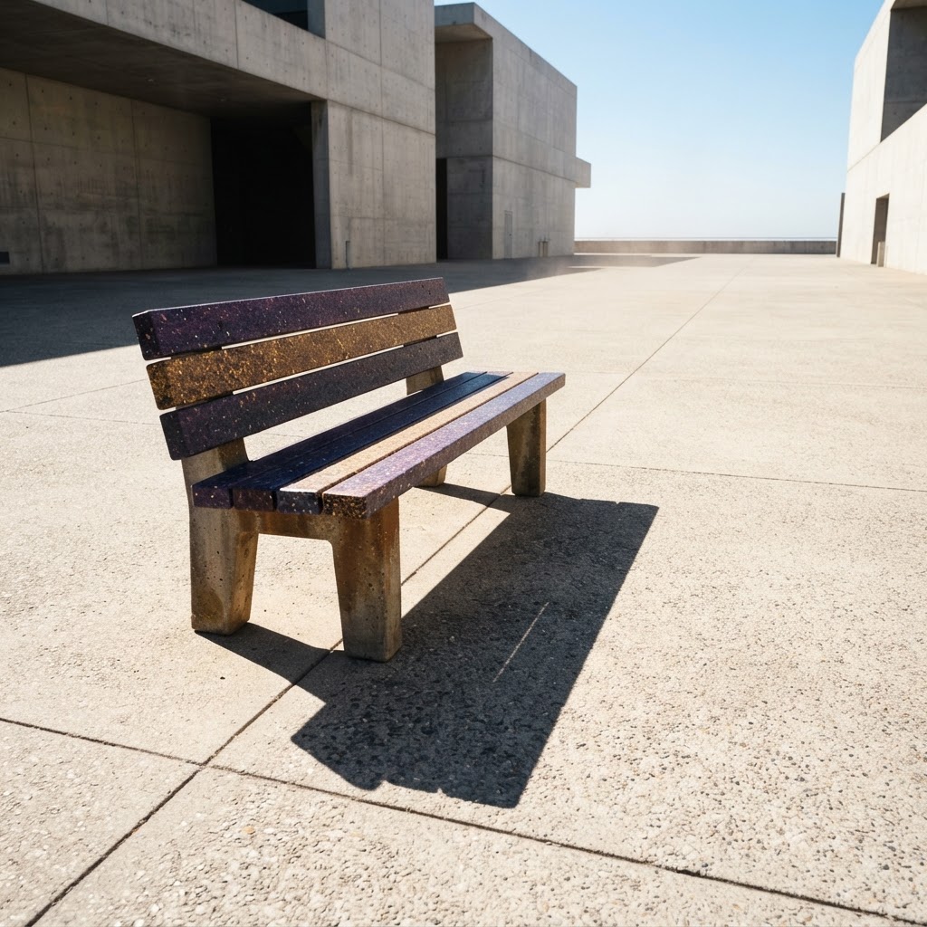 Baithaki recycled plastic bench weathering harsh summer sun in a concrete plaza