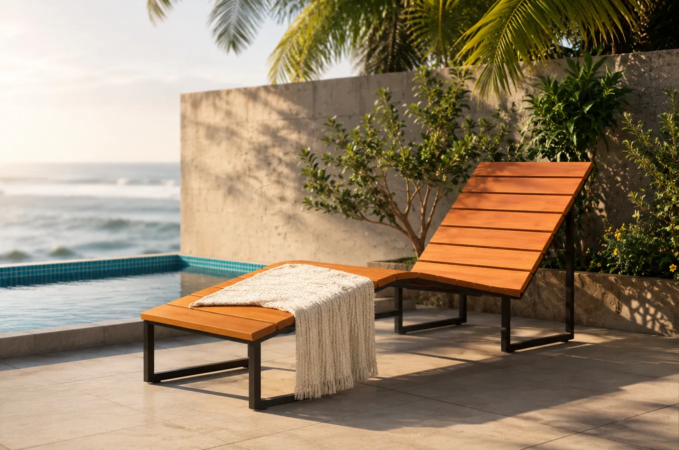 Recycled plastic lounger by a tropical pool